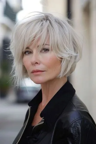 try on a shaggy bob haircut with short, tousled layers, featuring a light blonde color