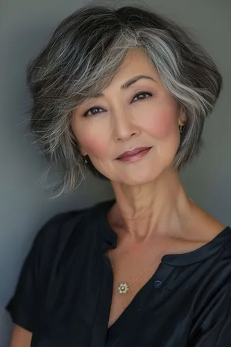 try on a gray layered bob hairstyle
