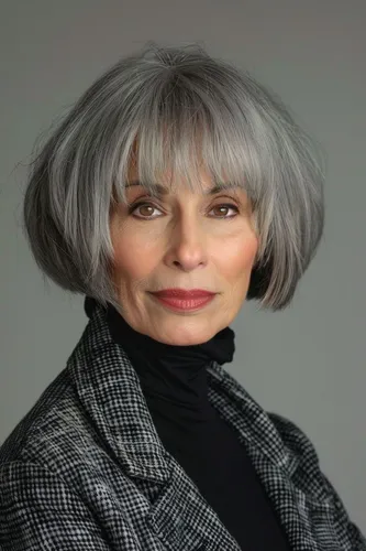 try on a fashionable short bob hairstyle in gray color, providing an elegant and modern look