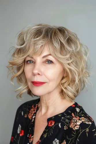 Try on this elegant hairstyle featuring blonde, curly waves with a soft, voluminous look that subtly frames the face, adding a touch of sophistication.