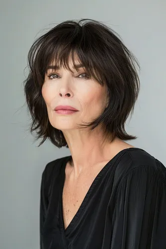 Try on a textured shaggy bob hairstyle with softer, wispy bangs, complementing the angular facial features.