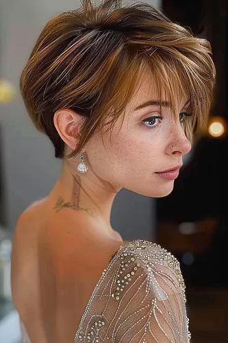 Try on this trendy side-swept pixie cut featuring textured layers and highlights, complementing an elegant look.