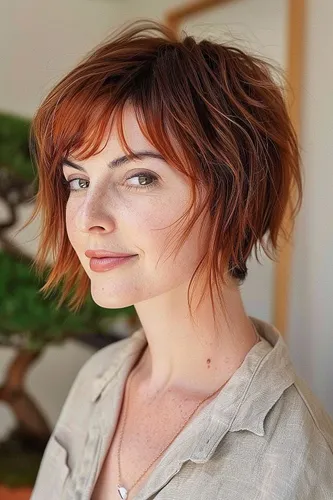 Try on this hairstyle featuring short, wavy hair with messy bangs and a vibrant reddish-brown color.