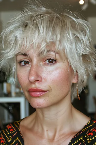Try on this messy, short blonde hairstyle featuring voluminous, tousled layers that add a playful yet chic flair.