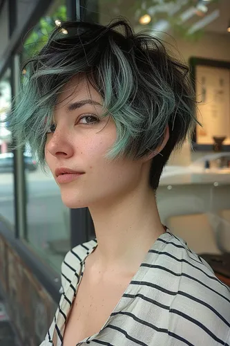 try on a trendy short, wavy hairstyle with a mix of black and teal colors, adding a fashionable and edgy look.
