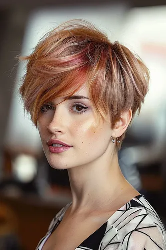 Try on a trendy short and multicolored hairstyle featuring layers and a side-swept fringe in shades of blonde, pink, and auburn.