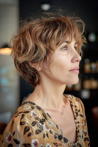 Try on this tousled, short curly hairstyle swept subtly to the side for a playful yet refined look.