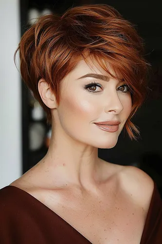 Try on this stylish short and wavy hairstyle in vibrant copper tones, featuring a voluminous texture with elegantly swept bangs, offering a chic and modern look.