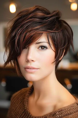 Try on this short, layered hairstyle featuring tousled waves and textured bangs, highlighted with varying shades of brown.