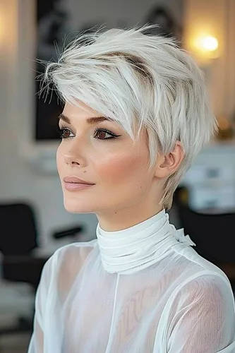 Try on this trendy short, tousled platinum blonde hairstyle that gives a fresh and modern look with its textured layers and wispy bangs, perfectly framing the face.