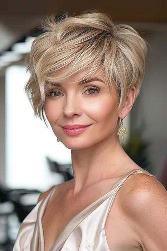 Try on this chic blonde pixie cut, featuring soft layers and a side-swept fringe that gracefully frames the face.