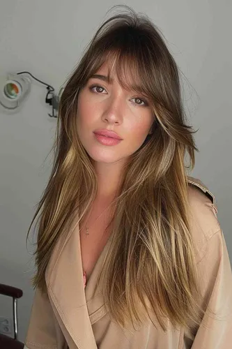 Try on this hairstyle featuring long wavy hair with lighter highlights and bangs on a single person facing forward.