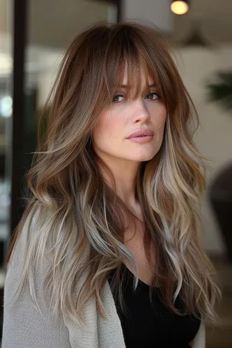 Try on this beautiful long wavy hair with blond ombre highlights, perfect for a stylish and modern look.