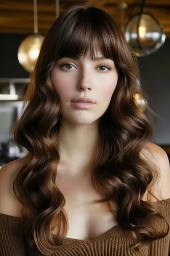 Try on this luxurious wavy hair with seamless bangs, exuding a soft and romantic vibe
