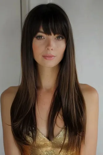Try on a hairstyle featuring long, straight hair with smooth bangs that evenly cover the forehead