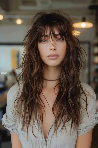 Try on this relaxed, wavy, medium-length hairstyle that adds a casual but styled appearance.