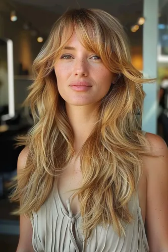 Try on this cascading long wavy hairstyle with delicate fringe that frames the face softly, adding an effortless charm