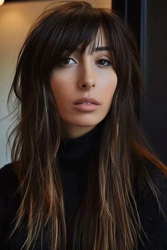 Try on this hairstyle featuring long, layered hair with a slight wave, mostly light brown with subtle blond highlights adding dimension.