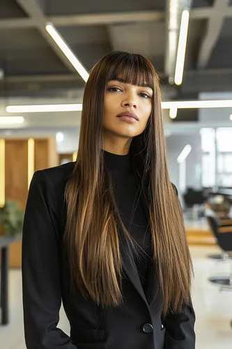 Try on this long, smooth hairstyle featuring straight bangs, perfect for giving a sleek, sophisticated look.