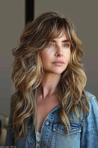 Try on this layered, wavy hairstyle that consists of various shades of blonde and brown, enhancing a sun-kissed, voluminous look.