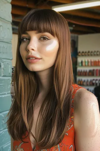 Try on this look featuring long, straight hair cascading evenly on both sides, with a natural brown tone highlighted with lighter shades.