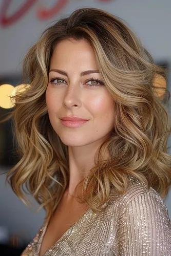 Try on this glamorous wavy blonde hairstyle, featuring voluminous, bouncy curls that cascade elegantly around the shoulders, perfect for a sophisticated and stylish look.