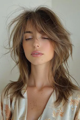 Try on this effortlessly tousled hairstyle featuring light, wispy bangs that softly frame the face, ideal for a casual yet chic look.
