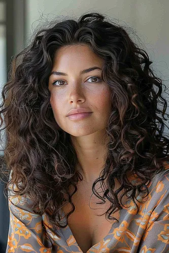 Try on this long curly hairstyle featuring voluminous dark curls gracefully framing the face.