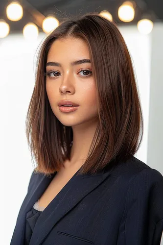 Try on this elegant shoulder-length straight hairstyle, featured in a warm brown tone, lending a modern and polished look.