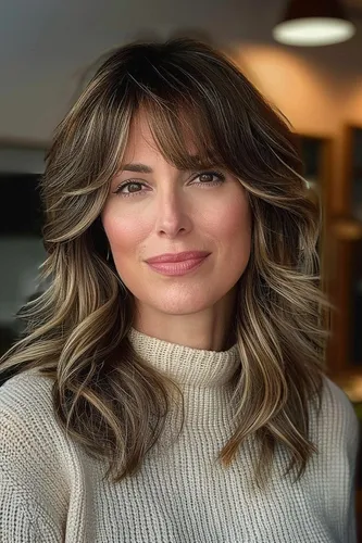 Try on this layered, wavy hairstyle as shown on the woman in the photograph