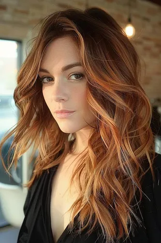 Try on a hairstyle featuring voluminous wavy hair with an ombre color transition from dark brown at the roots to a lighter golden brown at the ends. The waves add texture and dimension, enhancing the ombre effect.