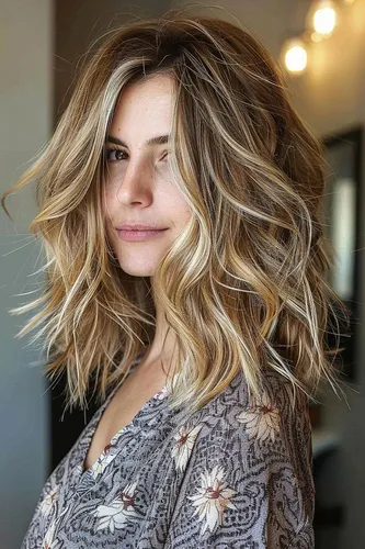 Try on this shoulder-length wavy blonde hairstyle, featuring natural highlights and soft, voluminous waves that frame the face elegantly.