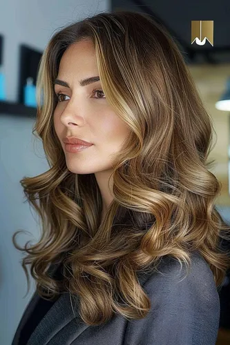 Try on this elegant wavy blonde hairstyle that cascades beautifully with voluminous curls