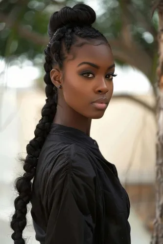 Try on this elegant hairstyle featuring a neat top bun and detailed braids cascading aside.