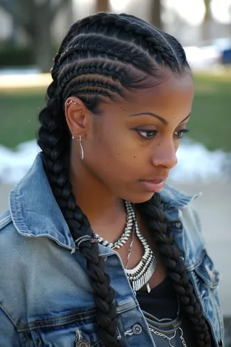 try on intricate braided hairstyle adorned with small beads, featuring thick meticulously crafted braids that elegantly weave around the head and converge into two longer plaits.