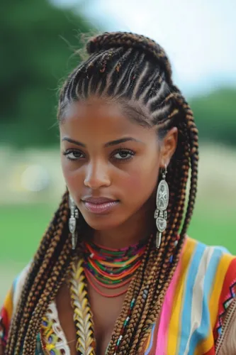 Try on this elaborate braided hairstyle featuring cornrows that start at the forehead and merge into beautifully patterned thicker braids. Each braid is adorned with beads, adding a colorful and decorative touch.
