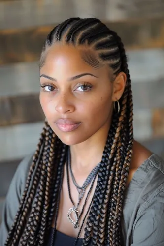 Try on a hairstyle featuring neatly styled cornrows at the front merging into long, flowing box braids.