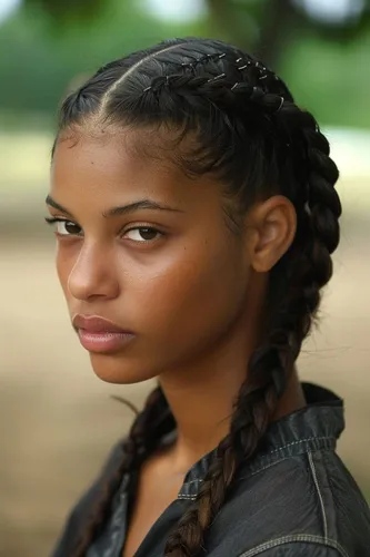 Try on a hairstyle featuring tight, neatly braided hair along the scalp, flowing into longer, thicker braids that hang beside the face.