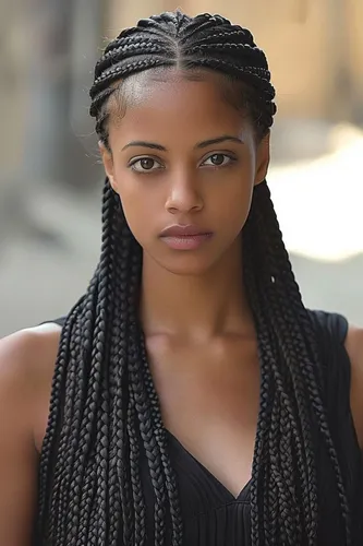 Try on this hairstyle featuring long, neatly braided hair parted in the middle, framing the face elegantly.