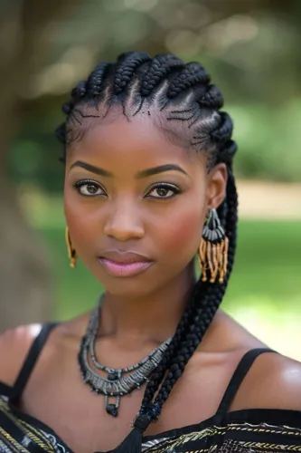 Try on this elegant braided hairstyle featuring tightly woven cornrows that elegantly frame the face and lead into longer braids at the back, adorned with decorative beads.
