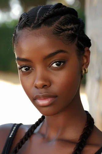 Try on this elegant braided hairstyle featuring detailed cornrows that curve along the scalp, weaving into larger braided sections that drape gracefully.