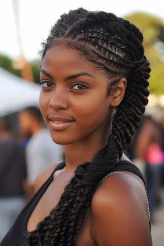 Try on this elaborately braided hairstyle featuring a combination of smaller braids and larger twisted sections, complementing a very neat and stylish look.
