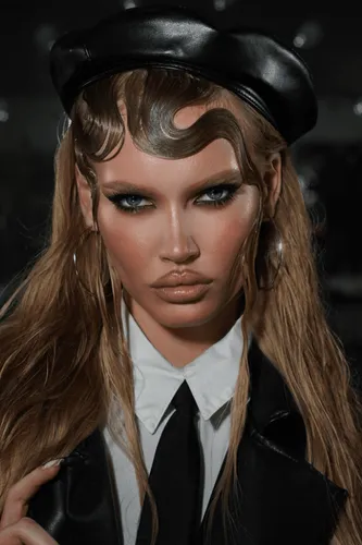 Try on this long, wavy hairstyle partially covered by a black leather beret.