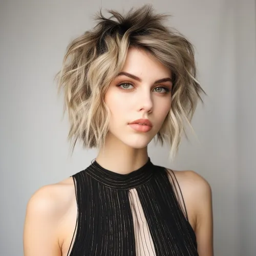 Try on this trendy hairstyle featuring a messy, short blonde look with subtle darker roots and a dynamic, tousled texture.