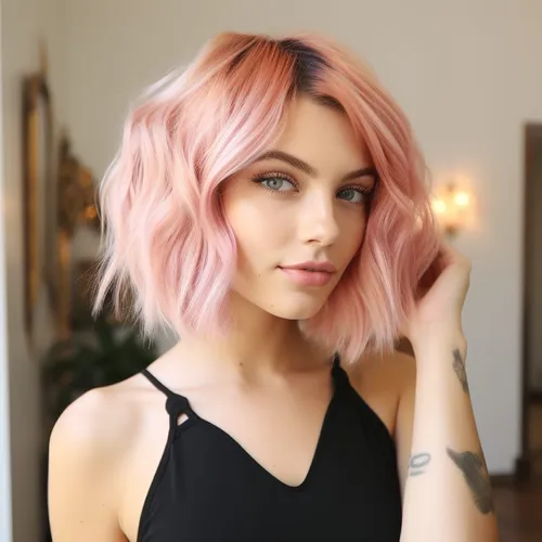 Try on this chic short wavy pink hairstyle, perfect for a fresh and trendy look.