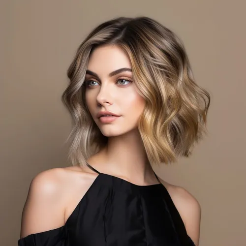 Try on this medium-length wavy blonde hairstyle for a chic and stylish look.