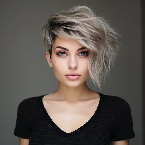 Try on this stylish short and messy hairstyle with platinum highlights and darker roots, featuring voluminous texture and a swept-over bang.
