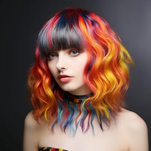 Try on this stunning wavy, multicolored hairstyle featuring vibrant shades of red, blue, orange, and yellow
