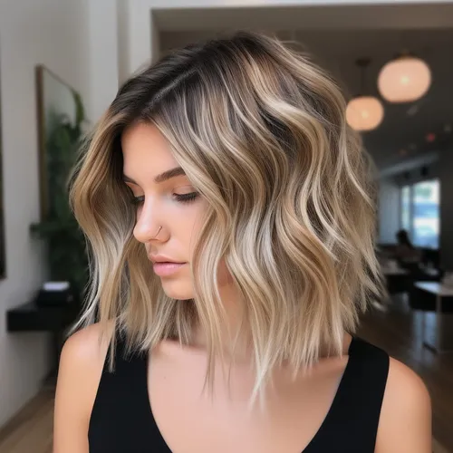 Try on a hairstyle featuring wavy, shoulder-length hair with an ombre color transition from dark brown at the roots to blonde at the ends.