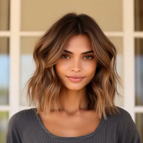 Try on a medium-length wavy hairstyle that combines light brown and blonde tones, providing a fresh and youthful appearance.